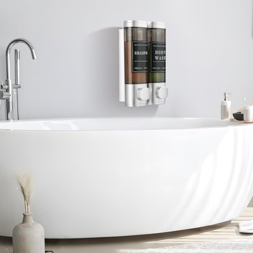 Shampoo and Conditioner Dispenser,Unisence Shower Dispenser 2 Chamber No Drill Wall-Mounted Shampoo Dispenser for Shower Wall Mounted Body Wash Dispenser for Bathroom Hotel Large Capacity,Silver - color: Matte Silver 2 Chamber