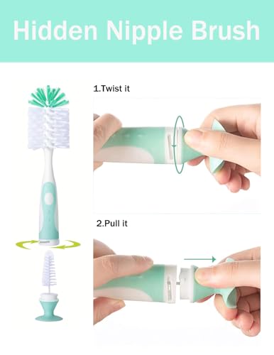 Baby Bottle Brush, 5 in 1 Bottle Cleaner Brush Set with Nylon and Silicone Bottle Brush, Straw Brush, Bottle Brush with Nipple Cleaner and Suction Cup, Cup Lid Cleaner Brushes Kit, BPA-Free (Green) - color: Green-nylon & Silicone Brush