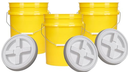 House Naturals 5 Gallon Plastic Yellow Food Grade Made in USA Bucket Pail with Double Gasket Screw on Lid (Pack of 3) (Yellow and White lids) - color: Yellow and White Lids
