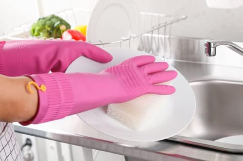 Myungjin 2 Pairs Reusable Waterproof Non-Slip Honeycomb Grip Latex Rubber Gloves with Hang-Dry Hooks/Hanging Loops for Dishwashing Household Cleaning Cooking (Large) - size: Large (Classic)
