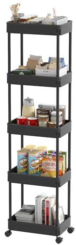 Sooyee 5-Tier Plastic Rolling Utility Cart with Wheels, Multi-Functional Storage Trolley for Office, Living Room, Kitchen, Movable Storage Organizer, Black - color: Black, size: Wide 5 Tier