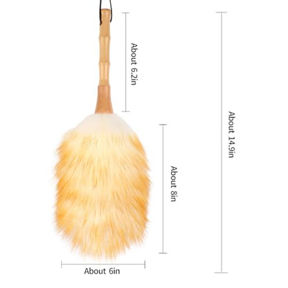 Feather Duster, Lambswool Duster for Cleaning,with Solid Wooden Handle,Leather Hang Strap,Anti-Static 14.9 inch Washable Reusable Small Hand Duster(Natural) for Office, Home and Car - size: 14.9inch