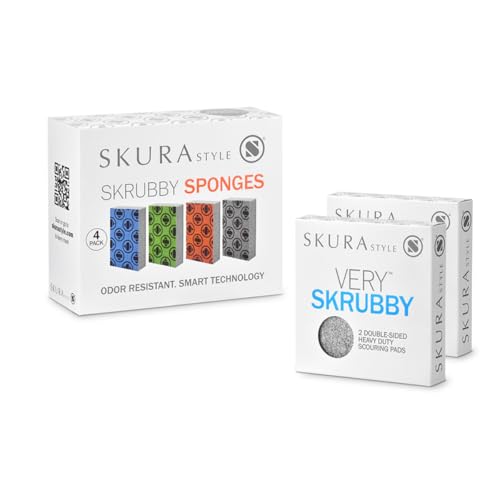 Skura Style Sponges & Scouring Pads Set — 4 Odor Free, Non-Scratch Kitchen Sponges + 4 Very SKRUBBY Heavy-Duty Scouring Pads for Caked-On/Baked-On Messes