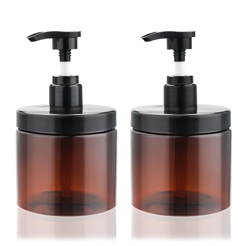 Cosywell Pump Bottle Dispenser Shampoo and Conditioner Dispenser 2 Pack 16.9oz/500ml Wide Mouth Hand Soap Dispenser Refillable Plastic Empty Liquid Container for Lotion Body Wash(Brown) - color: Brown, size: 2x 500ml