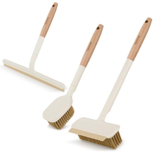 3 Pack Hard Bristle Scrub Brush Set with Long Wooden Handle, 2-in-1 Heavy-Duty Scrubbing Brushes with Scraper Strip, Glass Shower Squeegee, Cleaning Brush for Bathroom, Shower, Floor, Bathtub, Walls