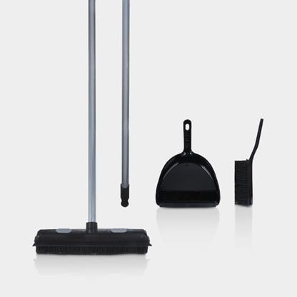 Rubber Bristle Expandable Broom Set with Dustpan & Handheld Rubber Brush for Surface Cleaning, Dust Pet Hair Removal Sofa Sweeping, Built-in Rubber Squeegee Snap, Set of 3, Black
