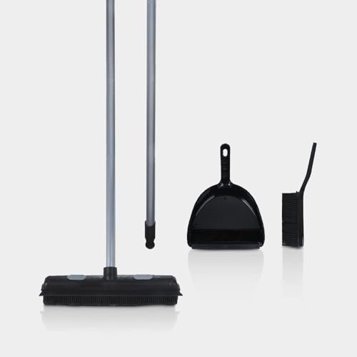 Rubber Bristle Expandable Broom Set with Dustpan & Handheld Rubber Brush for Surface Cleaning, Dust Pet Hair Removal Sofa Sweeping, Built-in Rubber Squeegee Snap, Set of 3, Black