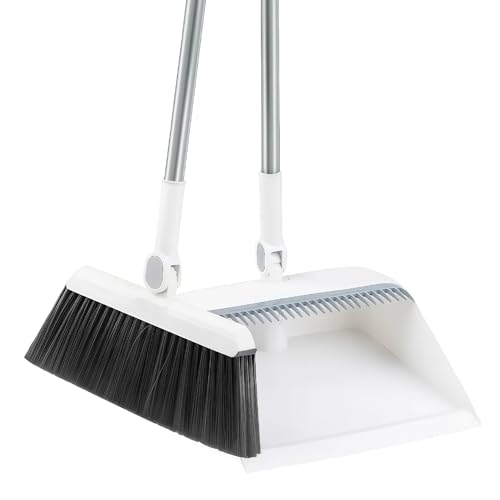 Broom and Dustpan Set, Long Handle Standing Broom with Self-Cleaning Comb Teeth, Heavy Duty Broom Dustpan Combo for Home Kitchen Office Floor Pet Hair Cleaning (White) - color: White