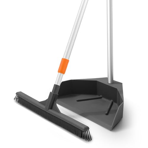Superio Silicone Broom - Carpet Rake with 35" Long Handle Dustpan Set - Rubber Broom for Pet Hair on Carpet & Hardwood Floors, Stand-Up Dustpan with Aluminum Handle - Gray - style: Dustpan with Broom (2)
