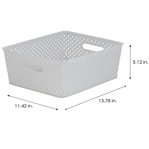 Simplify Medium Resin Wicker Storage Bin | Dimensions: 14"x11.5"x5.15" | Durable | 2 Open Handles | Wicker Design | Light Weight | Home Organization | White