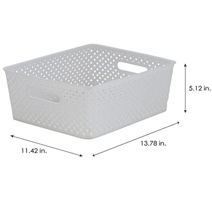 Simplify Medium Resin Wicker Storage Bin | Dimensions: 14"x11.5"x5.15" | Durable | 2 Open Handles | Wicker Design | Light Weight | Home Organization | White