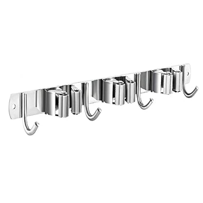 Mop and Broom Hanger Wall Mount, stainless steel Broom Hook Organizer Wall Mounted, Heavy Duty Mop Holder Storage Rack - 3 Racks 4 Hooks for hanging brooms and mops