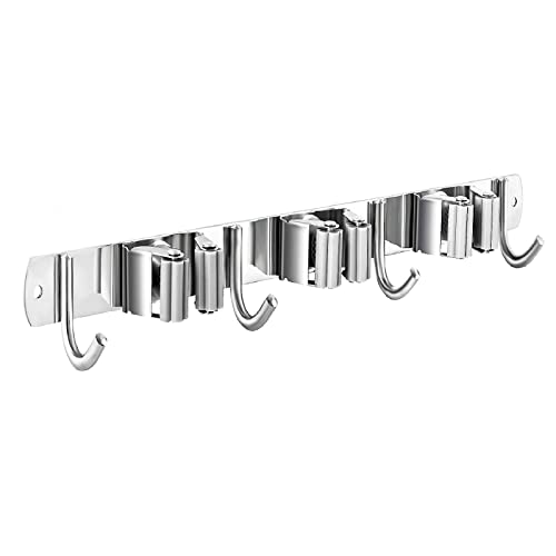 Mop and Broom Hanger Wall Mount, stainless steel Broom Hook Organizer Wall Mounted, Heavy Duty Mop Holder Storage Rack - 3 Racks 4 Hooks for hanging brooms and mops