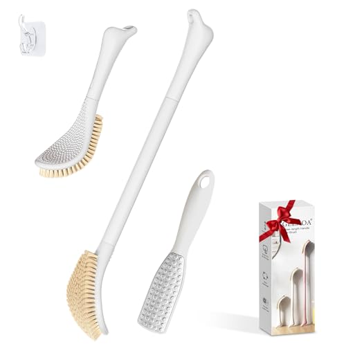 New Foot Brush & Foot File Set(2PCS), 3-in-1 Foot Scrubber in Shower, 10.2’’-27.5’’Adjustable Long Handle Foot Scrub Brush and Upgrade Foot File Callus Remover, Gift-Box Packed(White Set) - color: White+foot File