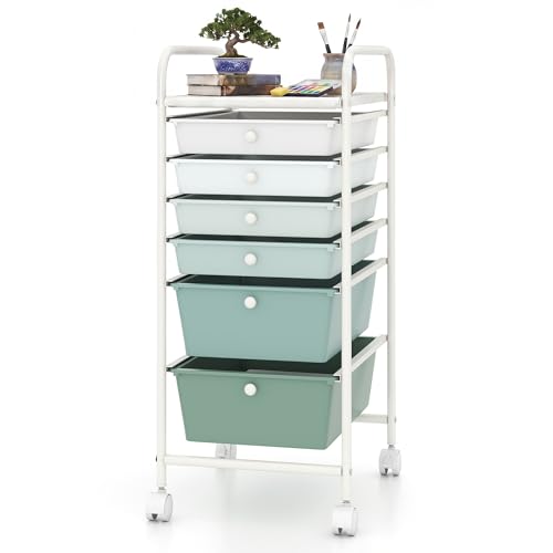 COSTWAY 6-Drawer Rolling Storage Cart, Multifunctional Art Supply Craft Tools Organizer on Wheels, Utility Mobile Storage Trolley w/ 2 Lockable Wheels for Home Office School (Green Gradient,6 Drawer) - color: Green Gradient, size: 6 Drawer