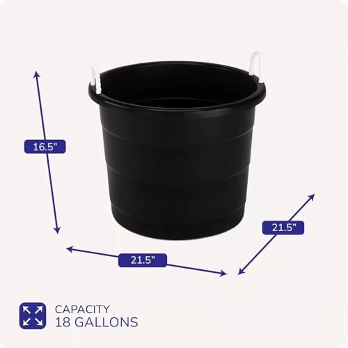 20 Gallon Storage Tub, Round Heavy Duty Plastic Container with Rope Handles, 21.5 x 21.5 x 16.5 inches (Black) - color: Black