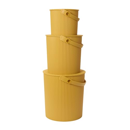 Hachiman Bucket Set of 3 - Includes Mini, Large, and Extra Large Heavy Duty Buckets with Lid and Handle - Hands-Free Filling - Easy to Stack and Store - Indoor Outdoor Use - Mustard - color: Mustard, size: Set of 3
