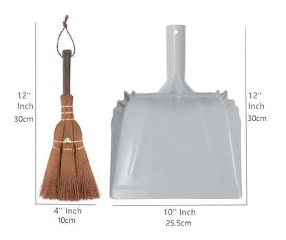 Metal Dust Pan and Brush Set, Natural Bristle Wooden Hand Broom, Handheld Dustpan for Fireplace, Garage, Workshop, 9" Wide - style: Metal Dustpan