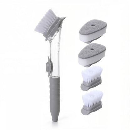 Soap Dispensing Dish Brush Set - Ergonomic Kitchen Scrub Brush with 4 Replaceable Heads (2 Bristles & 2 Sponges), Non-Slip Palm Scrubber for Pot, Pan, and Sink Cleaning