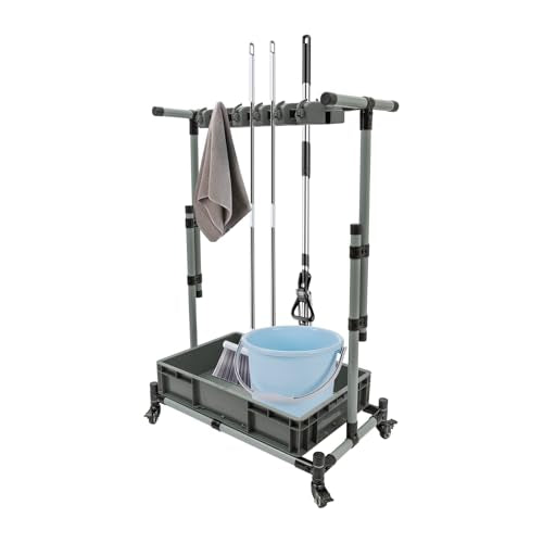 Broom and Mop Holder, Movable Cleaning Tool Cart Cleaning Supplies Holder Organizer, Freestanding Broom Storage Hanger Mop Rack Garden Garage Tool Rack Housekeeping Station Storage Tool Cart