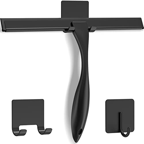 All-Purpose Stainless Steel Shower Squeegee for Shower Doors with 2 Adhesive Hooks, Bathroom Cleaner Tool Household Window Mirror Squeegee for Home Cleaning, Glass Door, Tile Wall, Car, 10 Inch Black - color: Black, size: 10 Inch