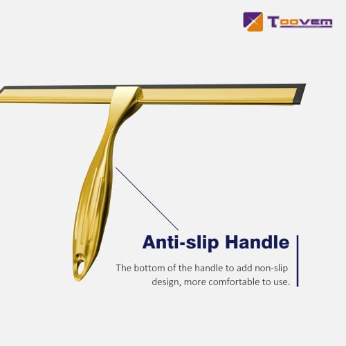 TOOVEM 12 Inch Shower Squeegee for Glass Doors, Window, Bathroom, Car Windshield, Shower Cleaning Tools with S Hook, Square Sticky Hook（Gold） - style: Gold 12 inch