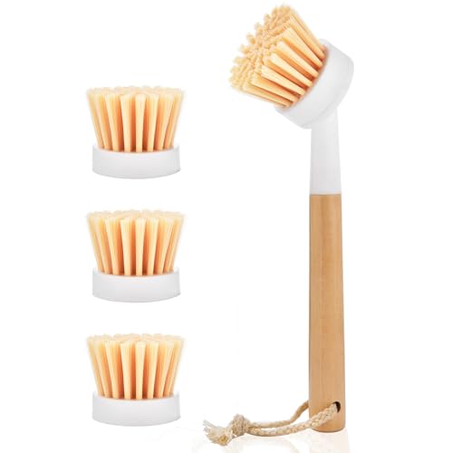 ALINK Dish Brush with Handle and 3 Replacement Heads, Pot and Pan Cleaning Scrub Brush for Kitchen, Sink, Stove, Cast Iron Scrubber