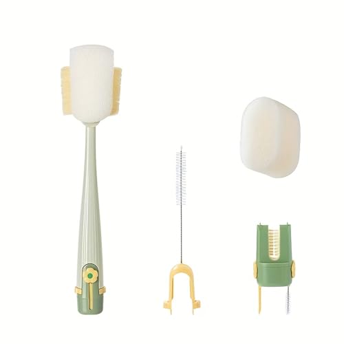 5-in-1 Long Handle Bottle Cleaning Brush Set – Multi-Surface Scrubbing Kit with Sponge & Bristle Heads, Detachable Deep Reach Cleaning Tools (Jasmine Green)