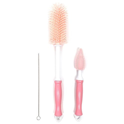 Three-Piece Cleaning Brush Set – Premium Straight Handle Silicone Bottle Cleaning Brush Kit for Cups, Bottles & Travel，Pink - color: Pink
