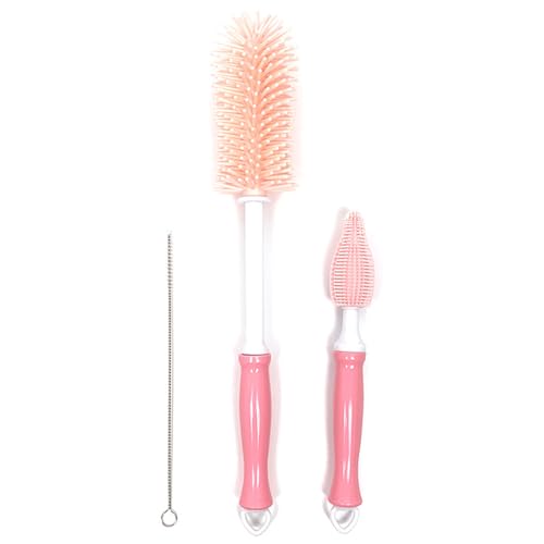 Three-Piece Cleaning Brush Set – Premium Straight Handle Silicone Bottle Cleaning Brush Kit for Cups, Bottles & Travel，Pink - color: Pink