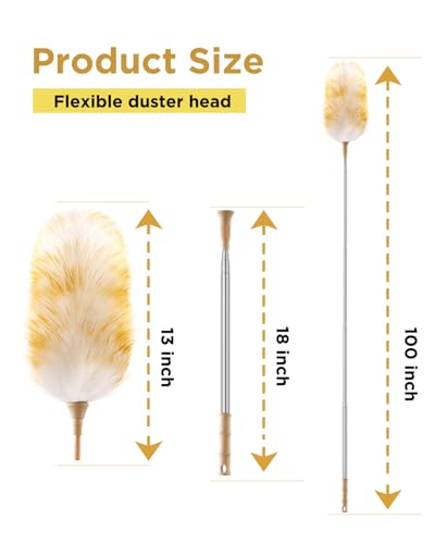 Extendable Lambswool Duster 30-100 Inch, Stainless Steel Long Handle Duster, Natural Feather Duster for Cleaning High Ceilings, Fans, Bookshelves, Interior, Cars, Brown