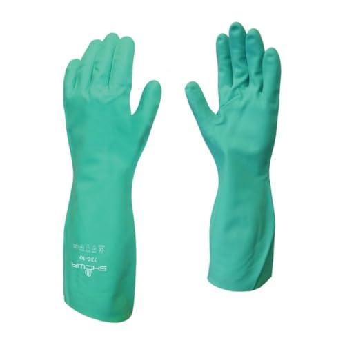 SHOWA 730 Chemical Resistant Gloves, 15-mil Nitrile with Cotton Flock Liner, 13-inch Extended Gauntlet, Bisque Grip, CE Cat III & Food Safe, Green, X-Large, 1 Pair - size: X-Large, style: Single Pair