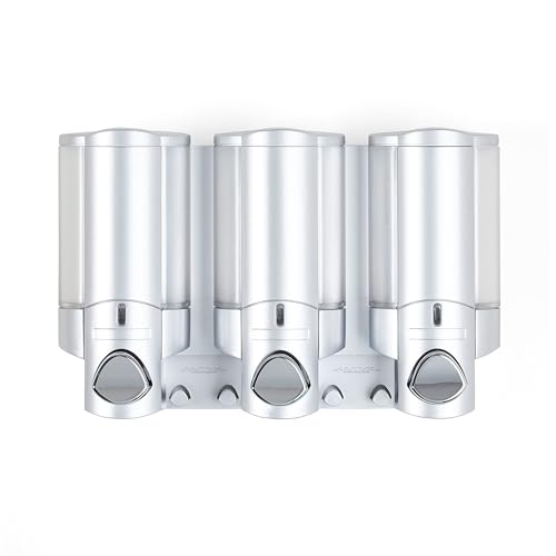 Better Living Aviva Shower Dispenser 3 Chamber, Wall Mount Shower Soap Dispenser for Bathroom Hotel Body Wash, Built-in Hooks, No Drill, Waterproof Shampoo Soap Dispenser, 3 x 11 oz, Satin Silver - color: Satin Silver, size: 3-Chamber