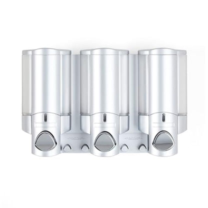 Better Living Aviva Shower Dispenser 3 Chamber, Wall Mount Shower Soap Dispenser for Bathroom Hotel Body Wash, Built-in Hooks, No Drill, Waterproof Shampoo Soap Dispenser, 3 x 11 oz, Satin Silver - color: Satin Silver, size: 3-Chamber