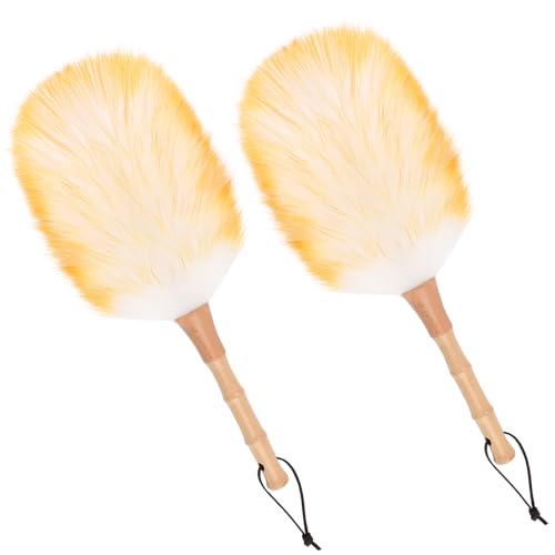 Lambswool Duster for Cleaning with Solid Wooden Handle Leather Hang Strap 14.9 inch Natural Feather Duster for Cleaning Ceiling Fans Window Blinds Computer Furniture(2 Pack) - size: 14.9Inch