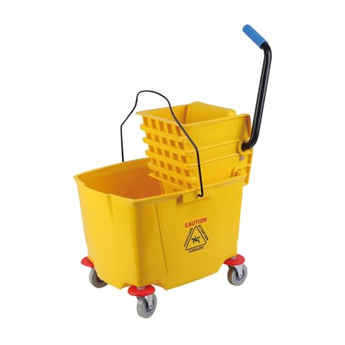 Side-Press Mop Bucket 36 L/9.5 Gallons | Heavy-Duty Plastic Wringer | One-Hand Squeeze & Non-Spill Wheels | for Home/Commercial Floor Cleaning (Yellow, 9.5 Gallons/38 Quart)