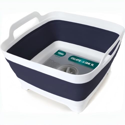 FOSJGO Collapsible Dish Basin with Drain Plug, 2.4 Gal (9L) Space-Saving Foldable Sink, Wash Basin for Kitchen, Baby Bottles, Vegetable Washing, Camping, RV and Party Beverage Tubs (Navy blue) - color: Navy blue