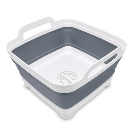 2.4 Gal(9L) Collapsible Dish Basin with Drain Plug, Space Saving Outdoor Multiuse Foldable Sink Tub, Dishpan, Kitchen Storage Tray for Camping, Vegetable Washing, RV (Gray) - color: Gray