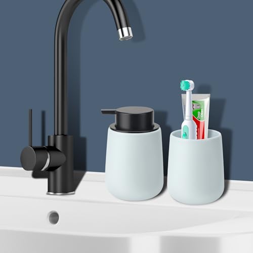Soap Foaming Dispenser Ceramic with Easy-to-Press Pump Hand Foam Dispenser for Shampoo Bathroom Kitchen 12 oz - color: Foam-lightblue