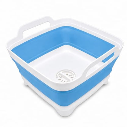 2.4 Gal(9L) Collapsible Dish Basin with Drain Plug, Space Saving Outdoor Multiuse Foldable Sink Tub, Dishpan, Kitchen Storage Tray for Camping, Vegetable Washing, RV (Blue) - color: Blue