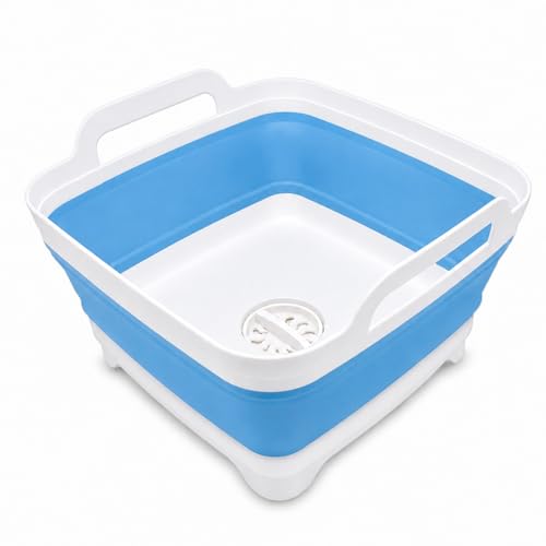 2.4 Gal(9L) Collapsible Dish Basin with Drain Plug, Space Saving Outdoor Multiuse Foldable Sink Tub, Dishpan, Kitchen Storage Tray for Camping, Vegetable Washing, RV (Blue) - color: Blue