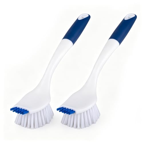 ITTAR Kitchen Dish Brush with Long Non-Slip Handle, 2-in-1 Kitchen Scraper & Brush, Heavy-Duty Non-Scratch Scrub Brush for Sink, Pots, Pans, Burnt Food Grease Stove Sink Cleaning-White & Blue