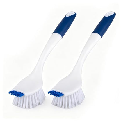 ITTAR Kitchen Dish Brush with Long Non-Slip Handle, 2-in-1 Kitchen Scraper & Brush, Heavy-Duty Non-Scratch Scrub Brush for Sink, Pots, Pans, Burnt Food Grease Stove Sink Cleaning-White & Blue
