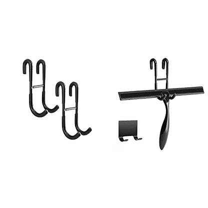 Simtive 12-Inch Shower Squeegee (Includes 1 Shower Door Hook and 1 Adhesive Hook), Shower Door Hooks (2-Pack), Both Black, 2 Item Bundle