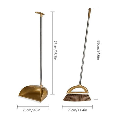 Broom and Dustpan Set, Long Handle Broom with Stand Up Dustpan Combo Set, Light Weight Stainless Steel Poles Stand Upright Dustpans and Broom Set, Broom with Dustpan for Home Kitchen Room - color: Gold