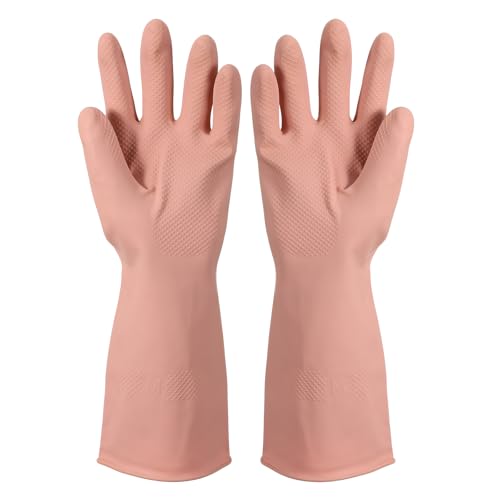 uxcell Rubber Cleaning Gloves, Reusable Household Dishwashing Long Rubber Gloves with Non-slip Grip - color: Pink, size: Medium