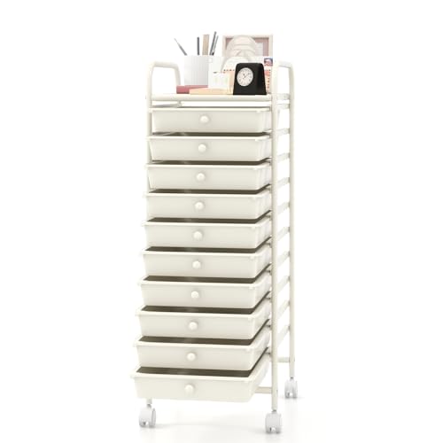MEDIMALL 10 Drawers Rolling Storage Cart, Multipurpose Craft Storage Cart with Wheels, Mobile Tools Scrapbook Paper Organizer Cart for Office School Home Use - color: Ivory White