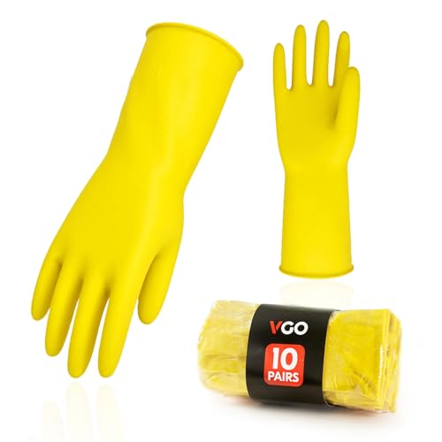 Vgo... 10-Pairs Reusable Household Gloves, Rubber Dishwashing gloves, Extra Thickness, Long Sleeves, Kitchen Cleaning, Working, Painting, Gardening, Pet Care (Size M, Yellow, HH4601) - color: 10 Pairs - Yellow, size: Medium