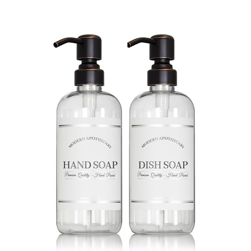 Clear Refillable Hand and Dish Soap Dispenser Set with Pumps for Kitchen Sink - PET Plastic Soap Bottles Refillable with Pump - Waterproof Labels - 16 oz, 2 Pack - color: Orbronze Pump