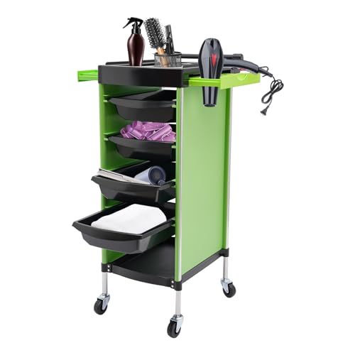 Salon Trolley Cart with Wheels, 6-Tier Beauty S-alon Cart with 4 Drawers, Space-Saving Rolling Salon Versatile Utility Cart, Open Top Floor, 110.23lbs Load-Bearing, Retractable Trays (Green+Black) - color: Green+black